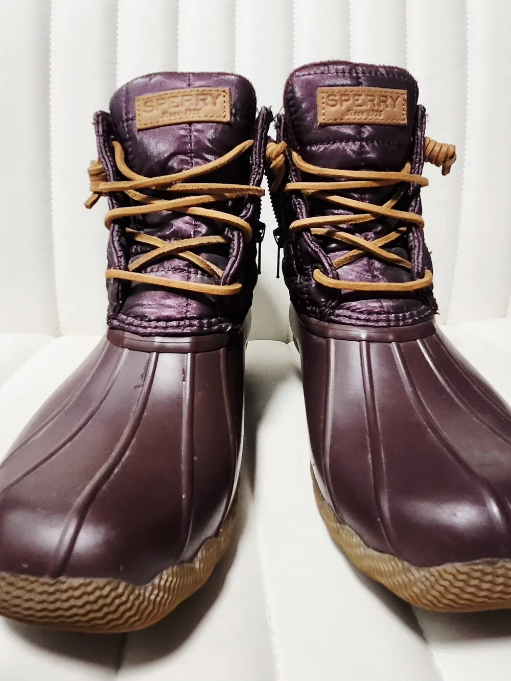 Sperry Purple Duck Boots with Tan Laces
